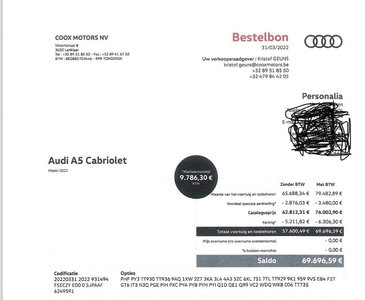 Mooie Audi A5 cabrio te koop van 04/2022 met 30000 km